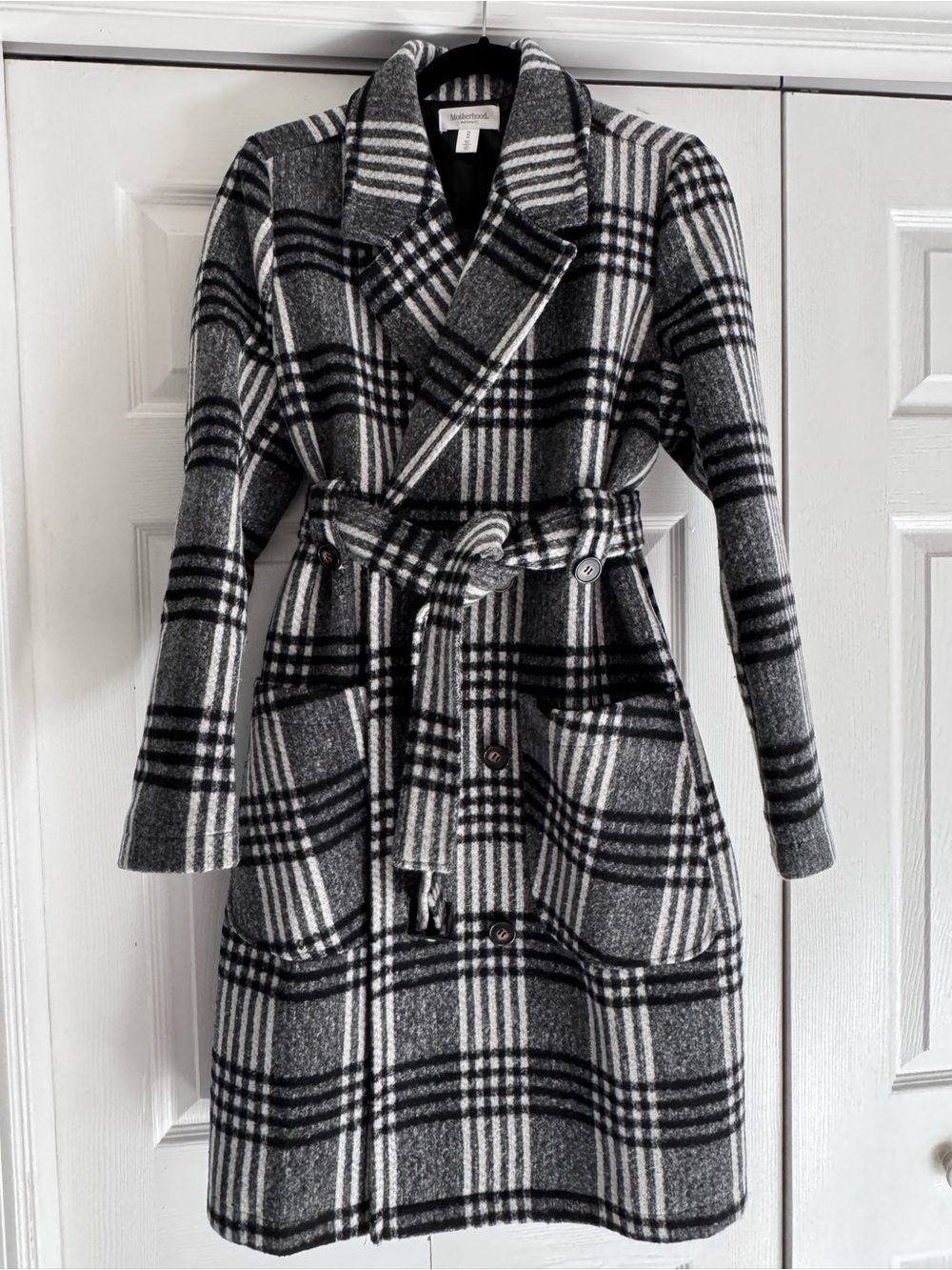 Motherhood Black & White Plaid Belted Pea Coat